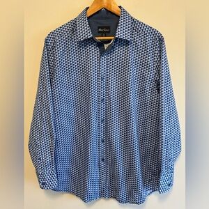 Robert Graham Highland Sport Blue Pattern Dress Shirt Size L 16 33X33 Like New